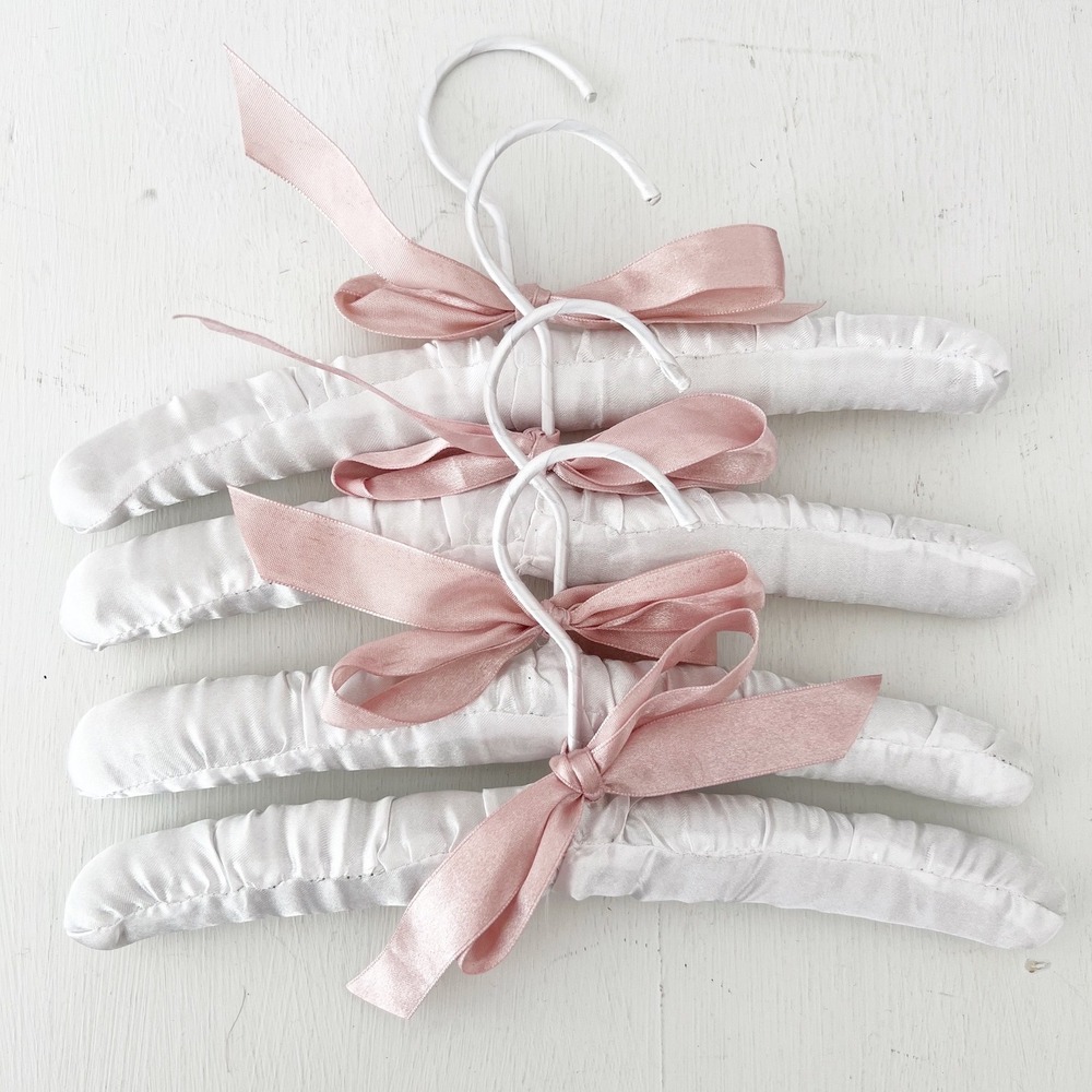 Doll Clothing Padded Satin Hangers White Pink Set of 4 Ribbon Bow 10 Inch